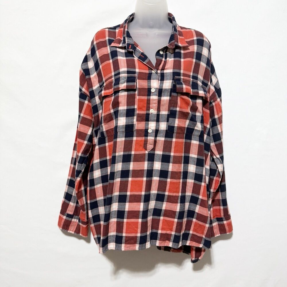 Old Navy Boyfriend Flannel Women XL Orange Navy Plaid 100% Cotton Popover Top
